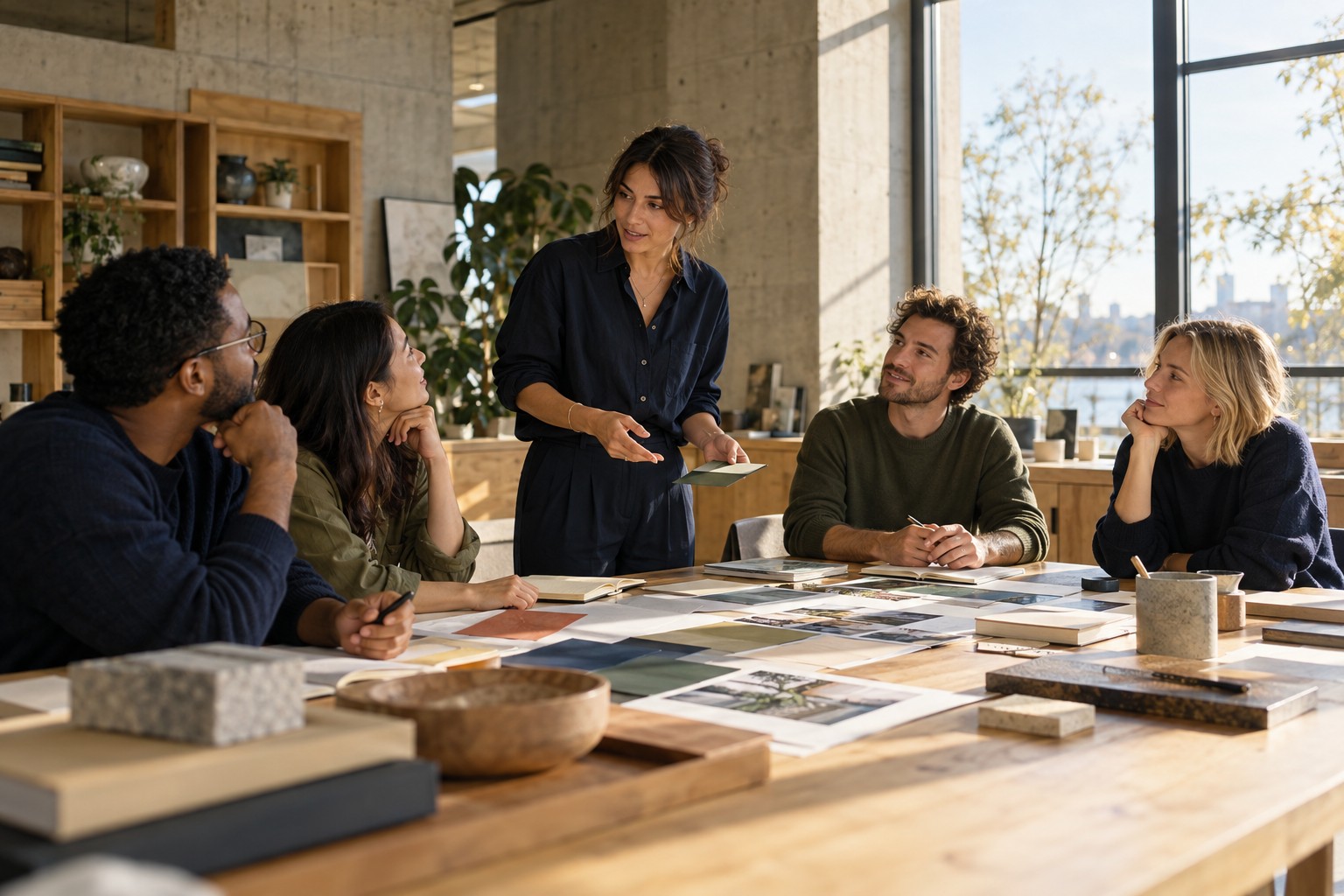 A creative team discussing ideas around a sunlit workshop table